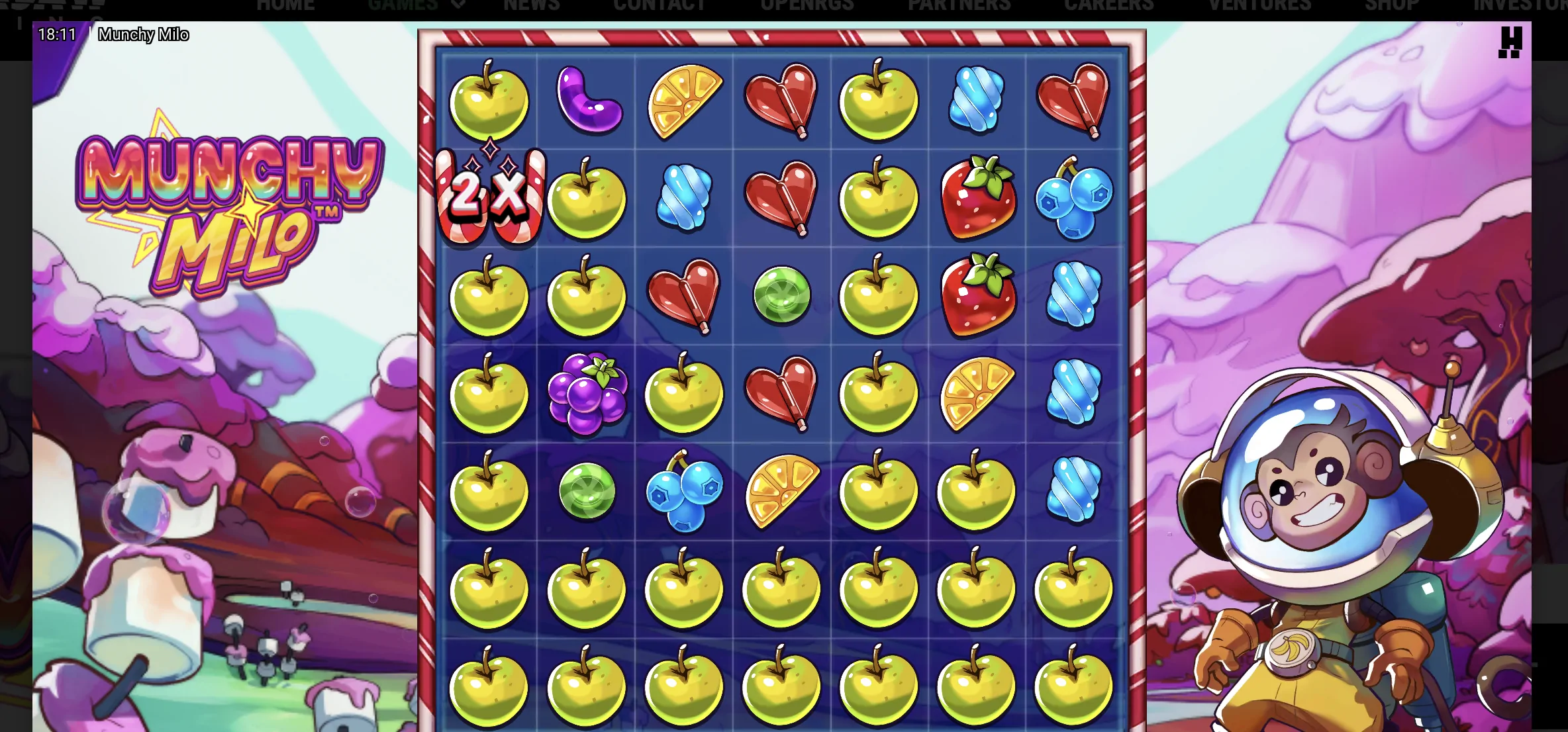Munchy Milo slot base game showing the 7x7 cluster pays grid with candy and fruit symbols by Hacksaw Gaming