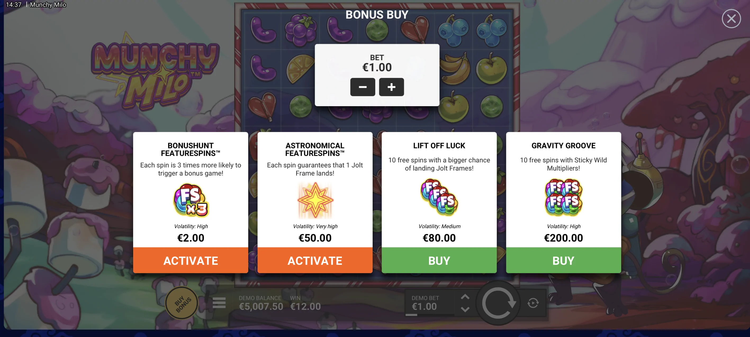 Munchy Milo Bonus Buy menu with BonusHunt FeatureSpins, Astronomical FeatureSpins, Lift Off Luck and Gravity Groove options