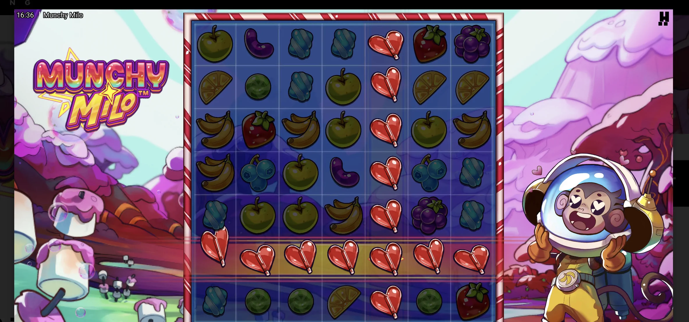 Munchy Milo Chain Reaction filling the entire 7x7 grid with strawberry symbols for a 10,000x maximum win