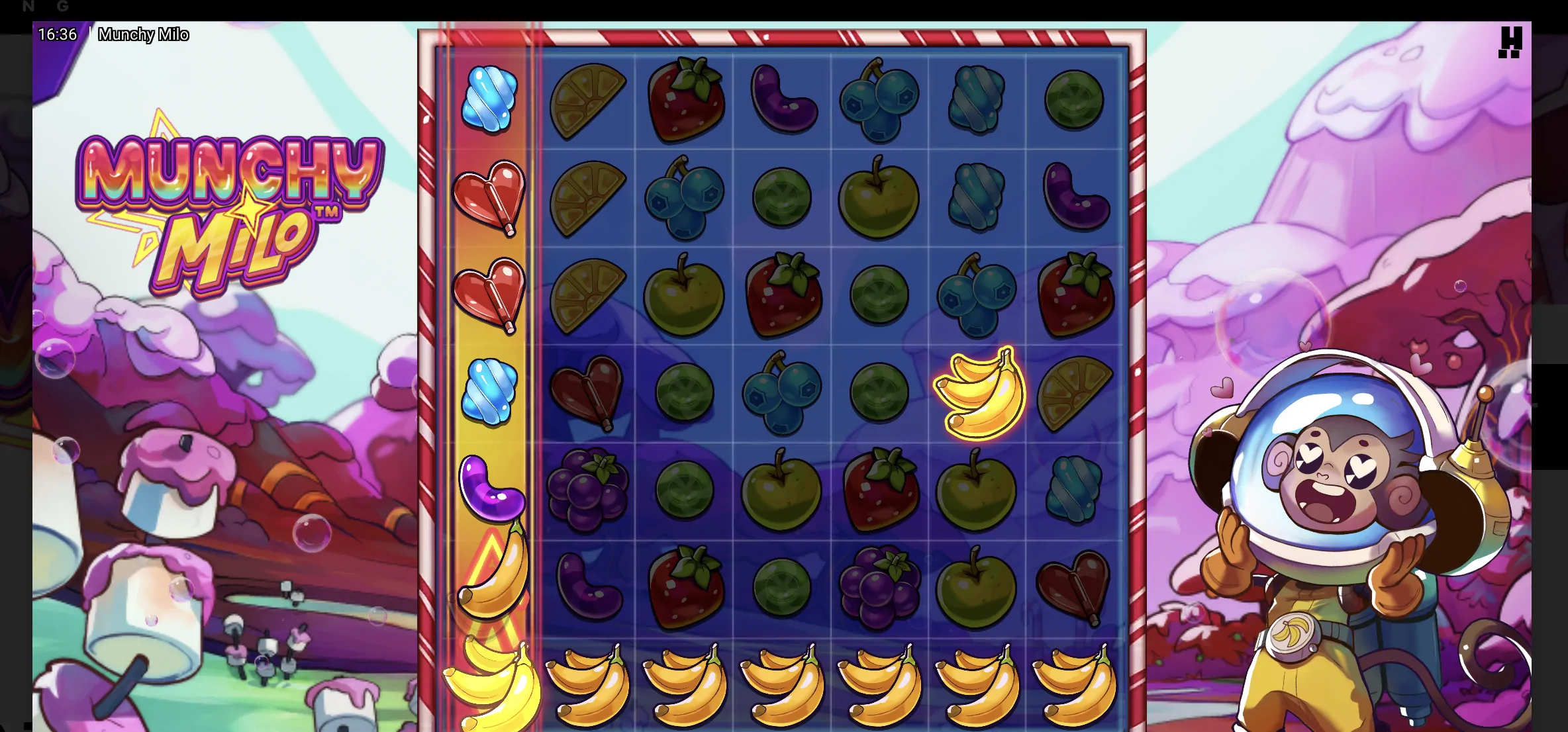 Munchy Milo Chain Reaction in action - a vertical Jolt Frame spreads down a column, triggers a horizontal Jolt Frame on the banana symbol, and fills the bottom row with bananas across the 7x7 grid