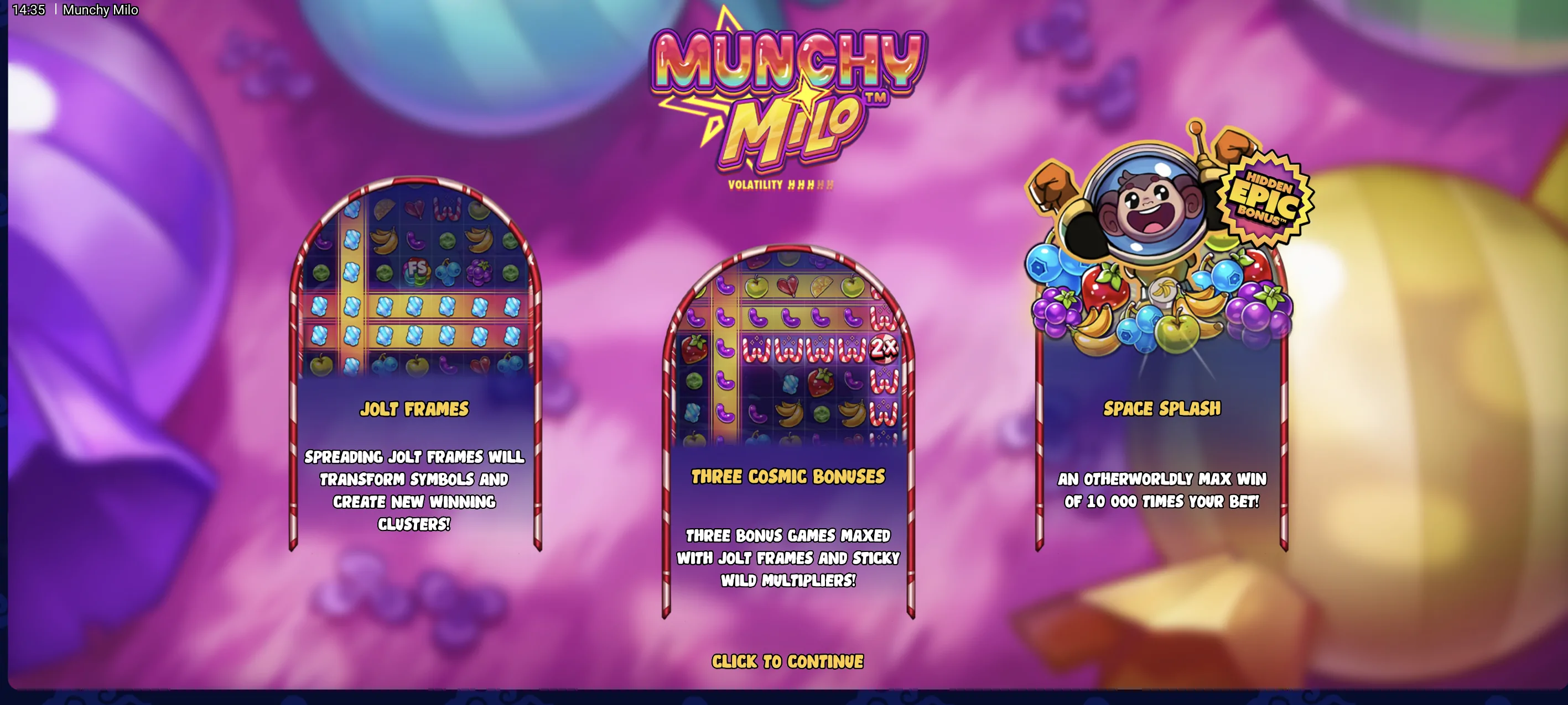 Munchy Milo paytable showing low candy and high fruit symbol payouts up to 10,000x for a full grid of strawberries