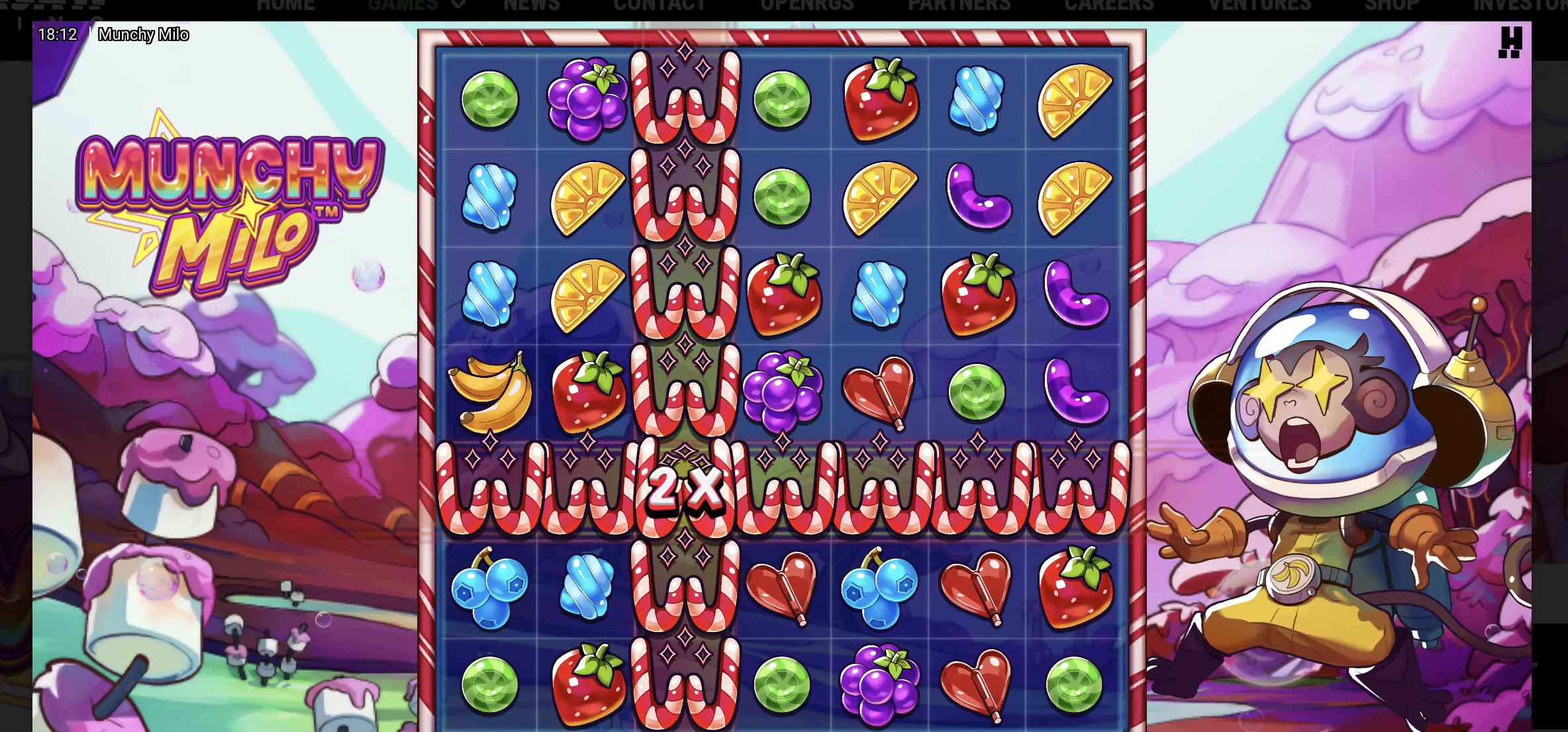 Munchy Milo the monkey astronaut on a candy planet - main character of the Hacksaw Gaming slot