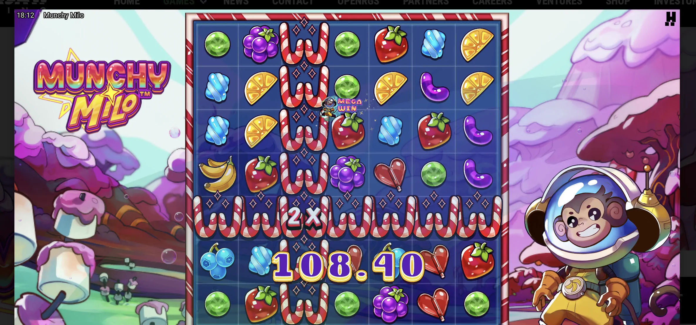 Munchy Milo Wild row with a 2x multiplier producing a 108.40 mega win - candy cane Wilds spread across the entire grid by a horizontal Jolt Frame